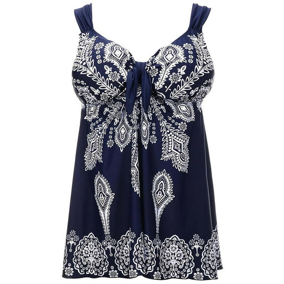 Angelique Women's Plus Size Navy Retro Print Fashion Pin Up Swimdress Style Swimsuit Tankini Set- Navy 16