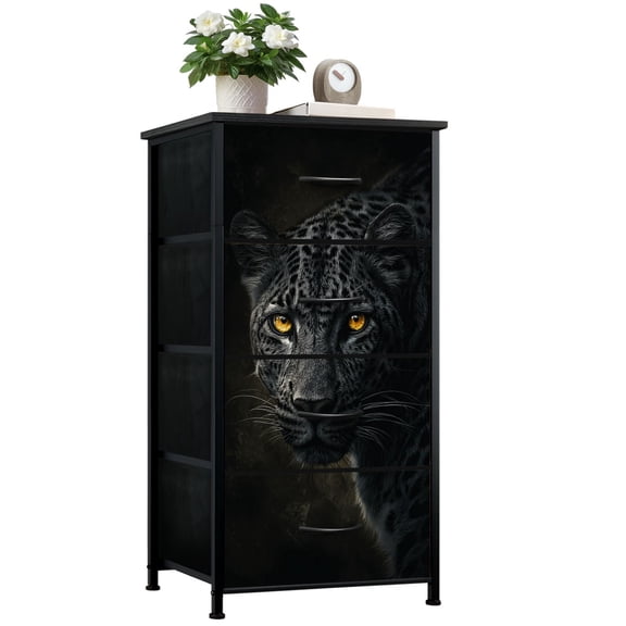 Gothic Dresser for Bedroom with 4 Storage Drawers Black Leopard Golden Eyes Dark Dramatic Wildlife Portrait Dressers Chest of Drawers Steel Framed Fabric Closet Organizers for Man Cave Dorm Entryway