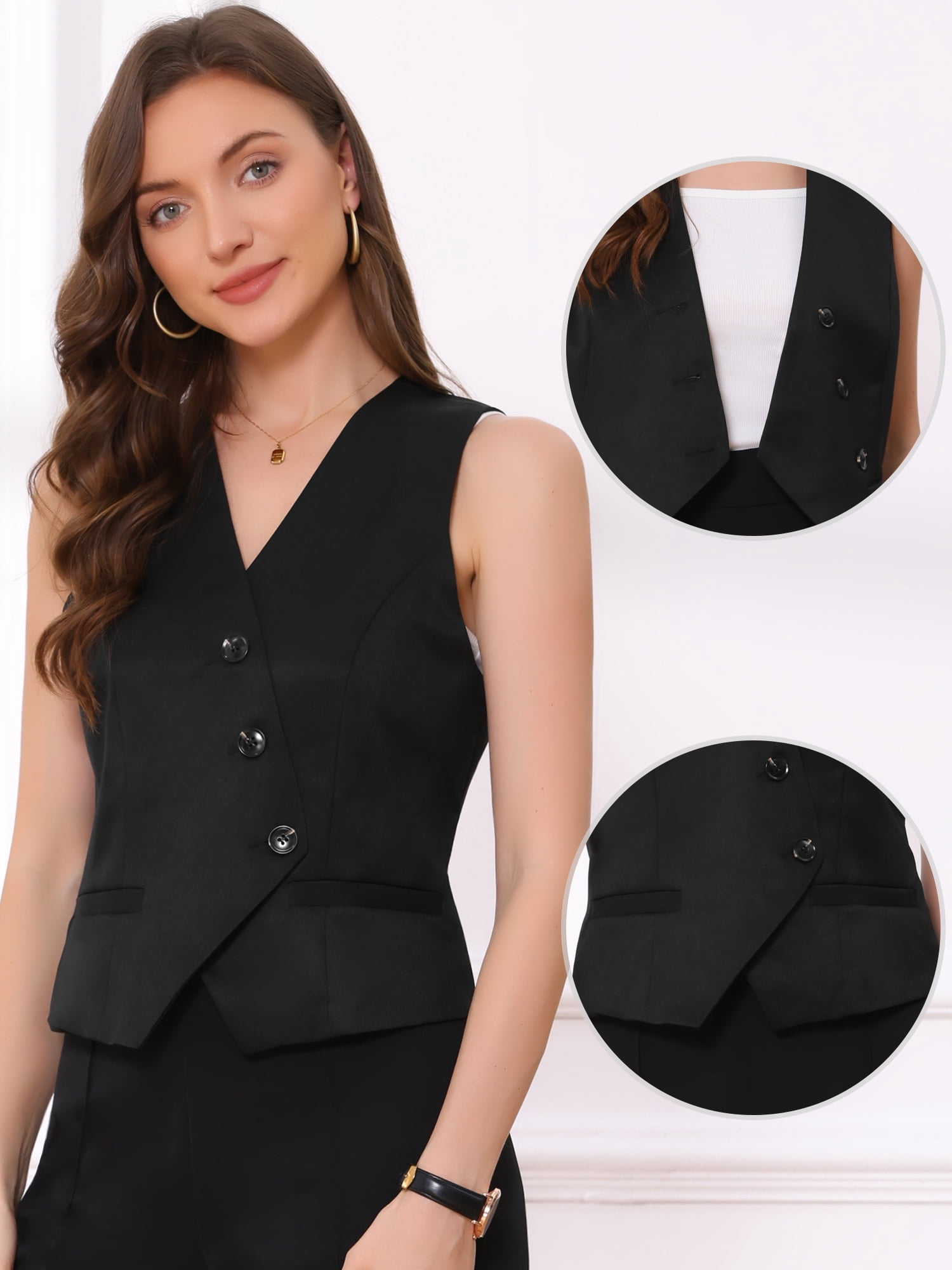 DARING DIVA Womens Sleeveless Suit Vest V-Neck Button-Down Blazer Waistcoat M Black