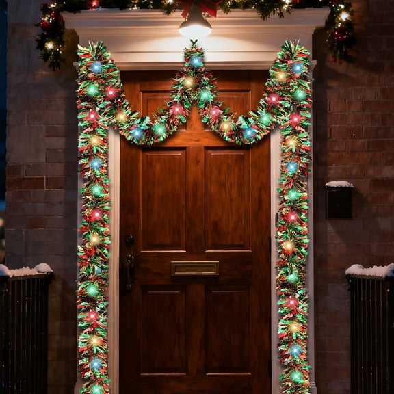 Christmas Tinsel Garland, Lighted Metallic Twist Tree Decoration, Pre-lit Battery Operated LED Hanging Garland for Xmas New Year Home Outdoor Decor, 1 Pcs, 16.4 Ft