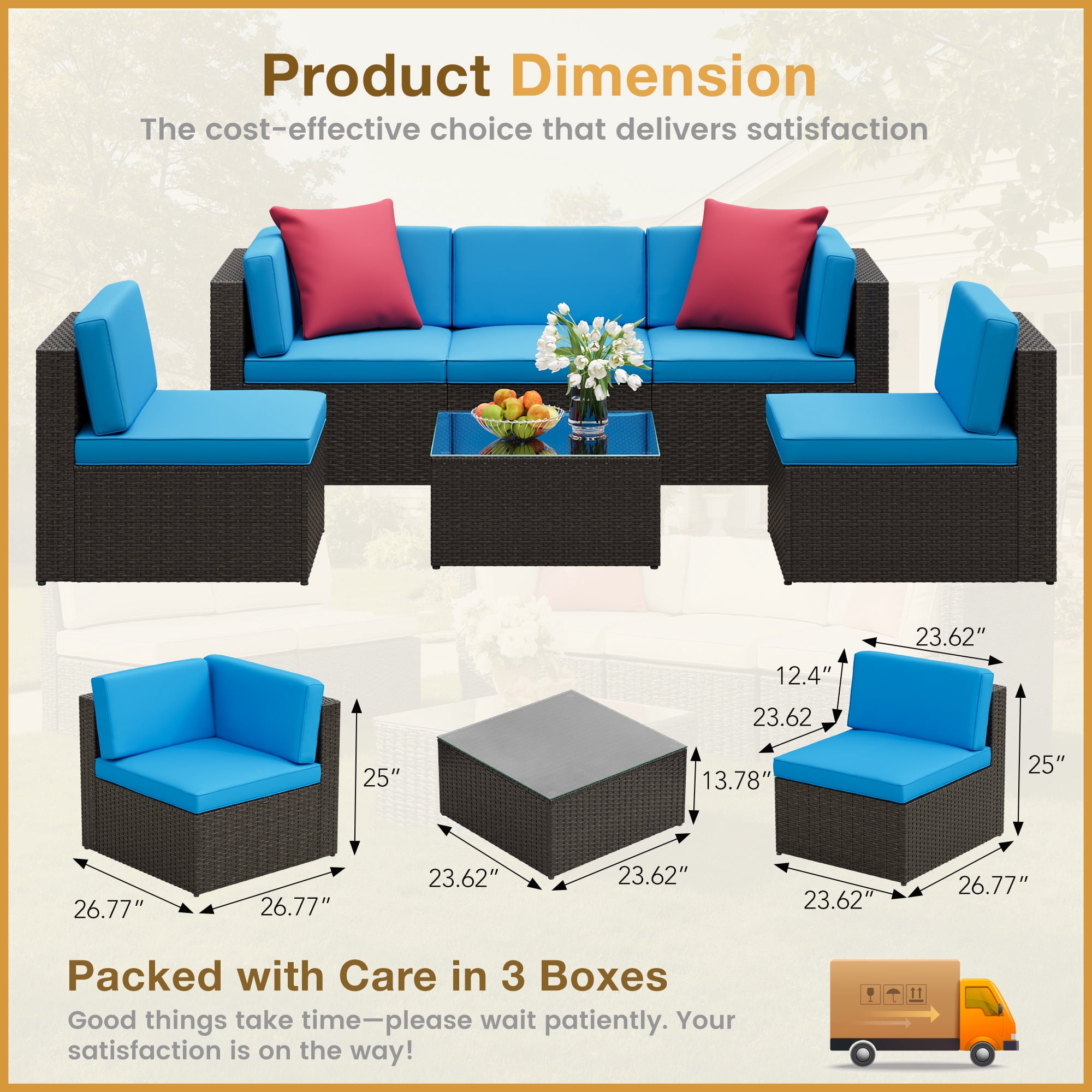 Lacoo 6 PCS Patio Outdoor Furniture Wicker Sectional Sofa with Cushion, Blue