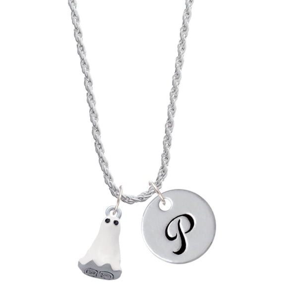 Delight Jewelry Silvertone 3-D White Ghost with Black Crystals Silvertone Script Initial Disc - P - Charm Necklace, 20"+3"