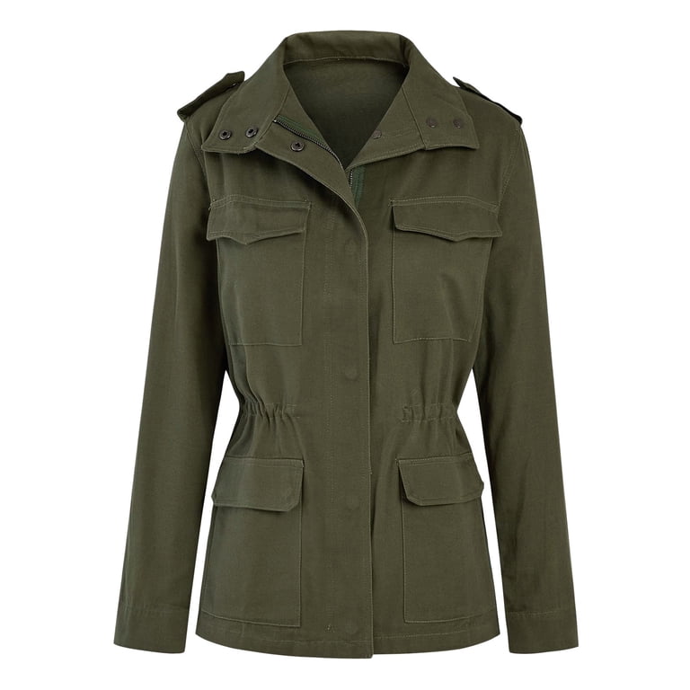 Women Military Anorak Jackets Zip Up Snap Buttons Solid Long