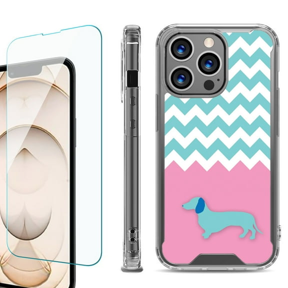 Shockproof Bumper Phone Case for iPhone 13 Pro Max, with Tempered Glass Screen Protector, by OneToughShield ® - Chevron/Dachshund/Puppy