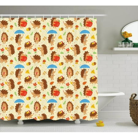 Hedgehog Shower Curtain Cartoon Style Woodland Animal In Various