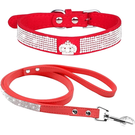 Cute Dazzling Sparkling Elegant Fancy Soft Suede Leather Bling Rhinestone Crystal Jeweled Pet Cat Dog Puppy Collar Dog Leash Combo Set