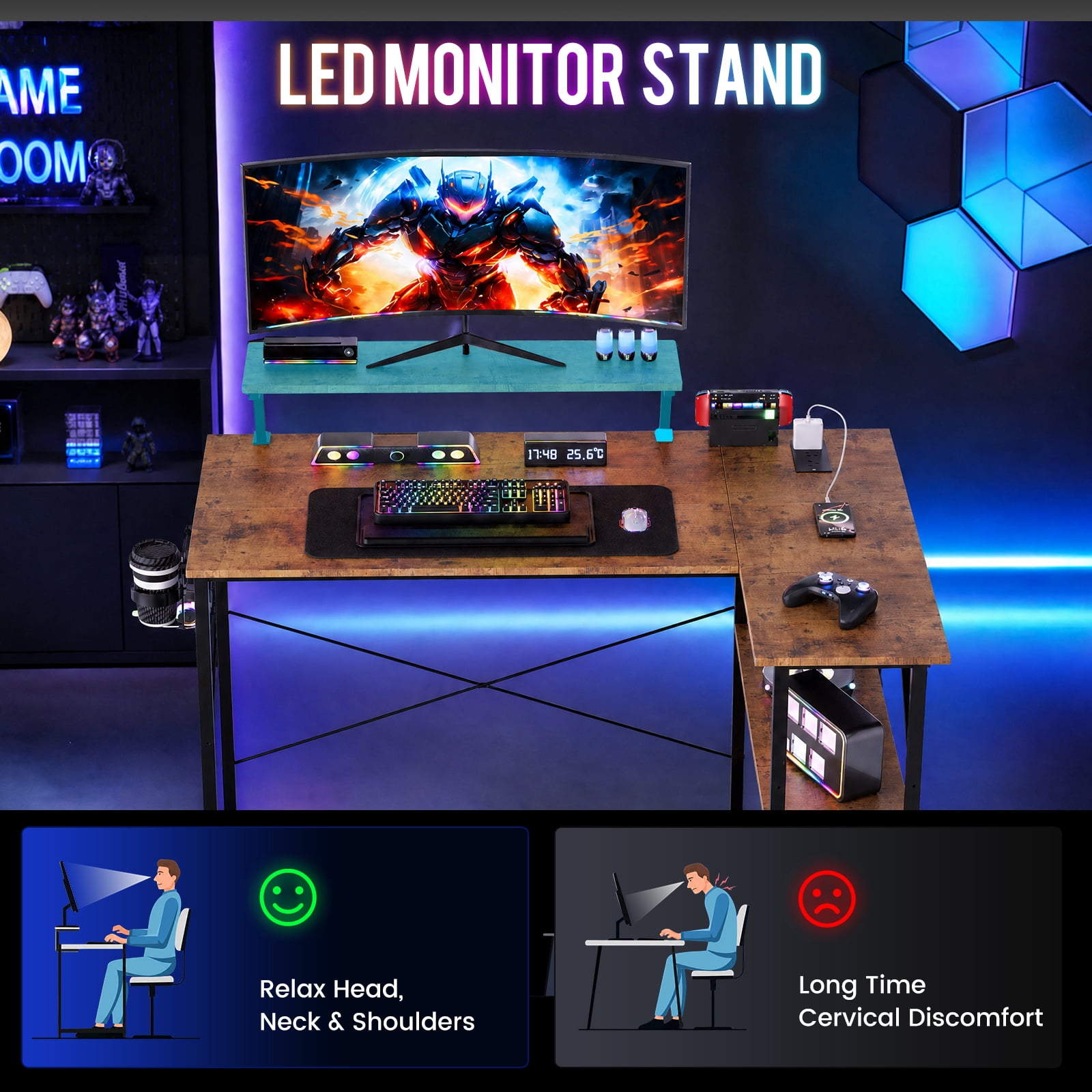 CLOUDREST PRO 42" L-Shaped Gaming Desk, Power Outlets & RGB LEDs, Brown