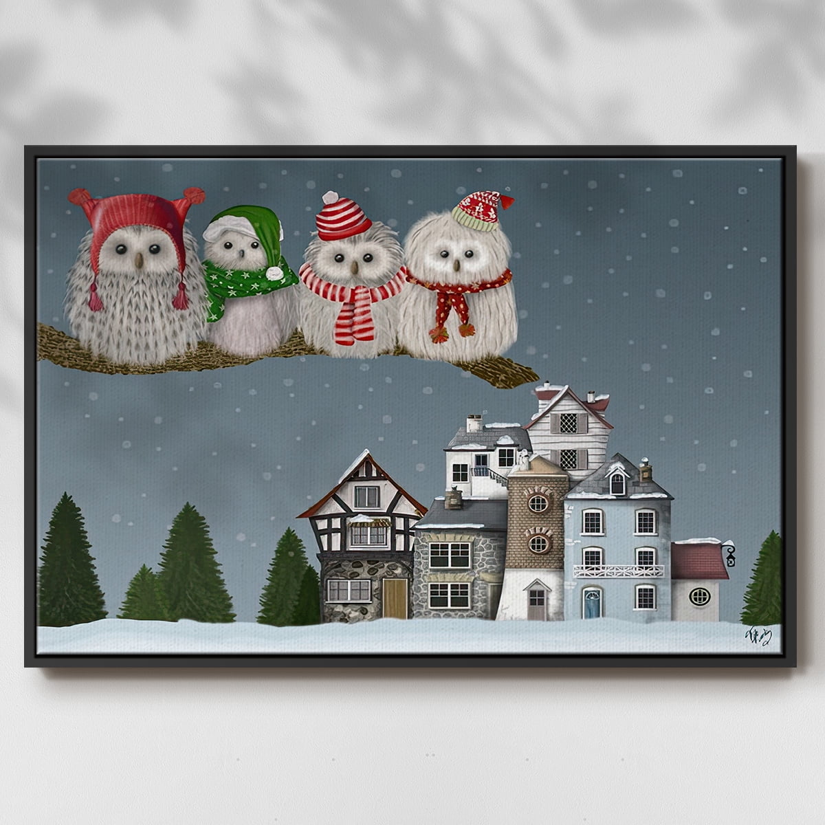 Christmas Christmas Owl Village - Framed Gallery Wrapped Holiday Canvas - 27 x 41 - Black Frame