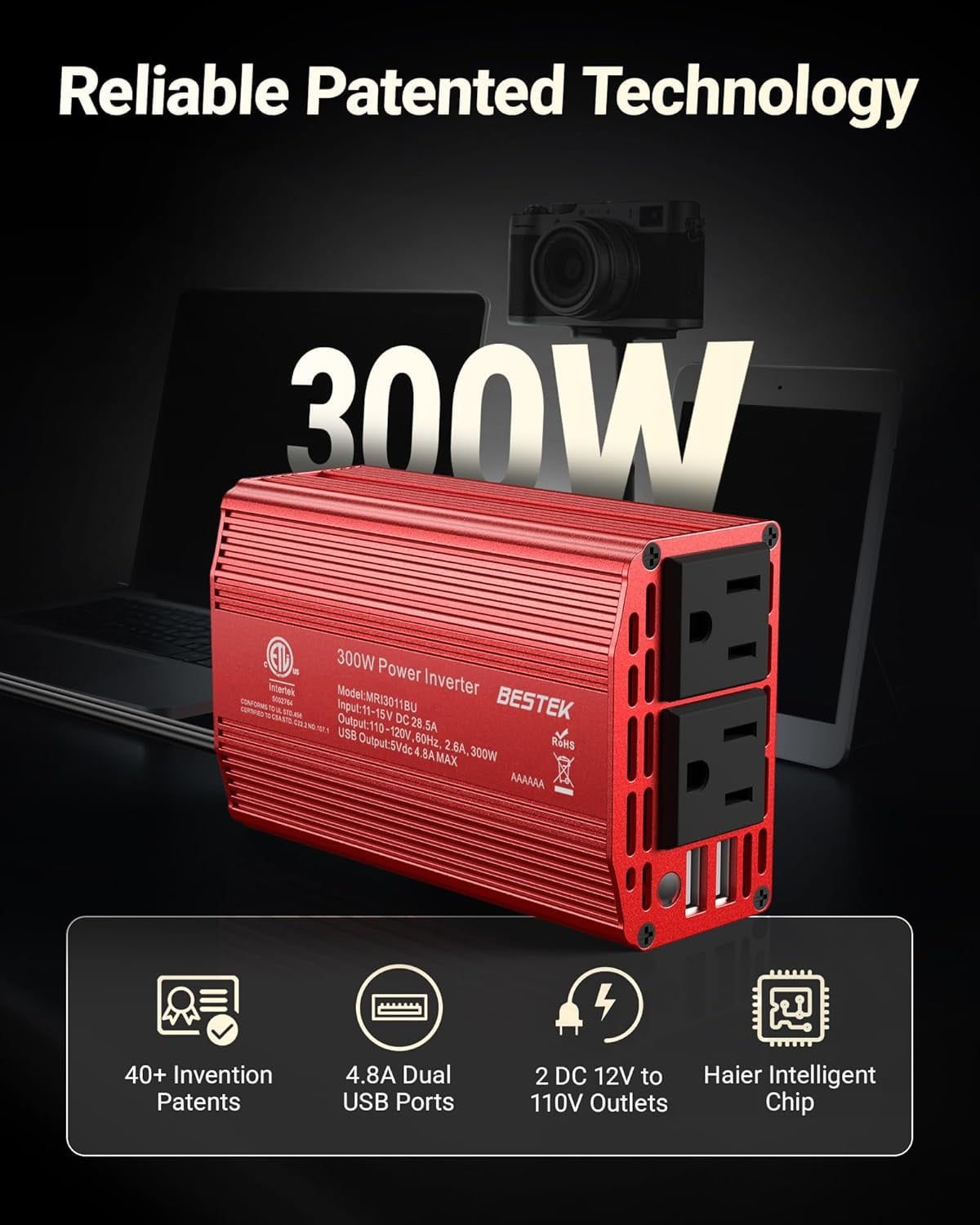BESTEK 300W Power Inverter DC 12V to 110V AC Car Inverter with 4.2A Dual USB Car Adapter