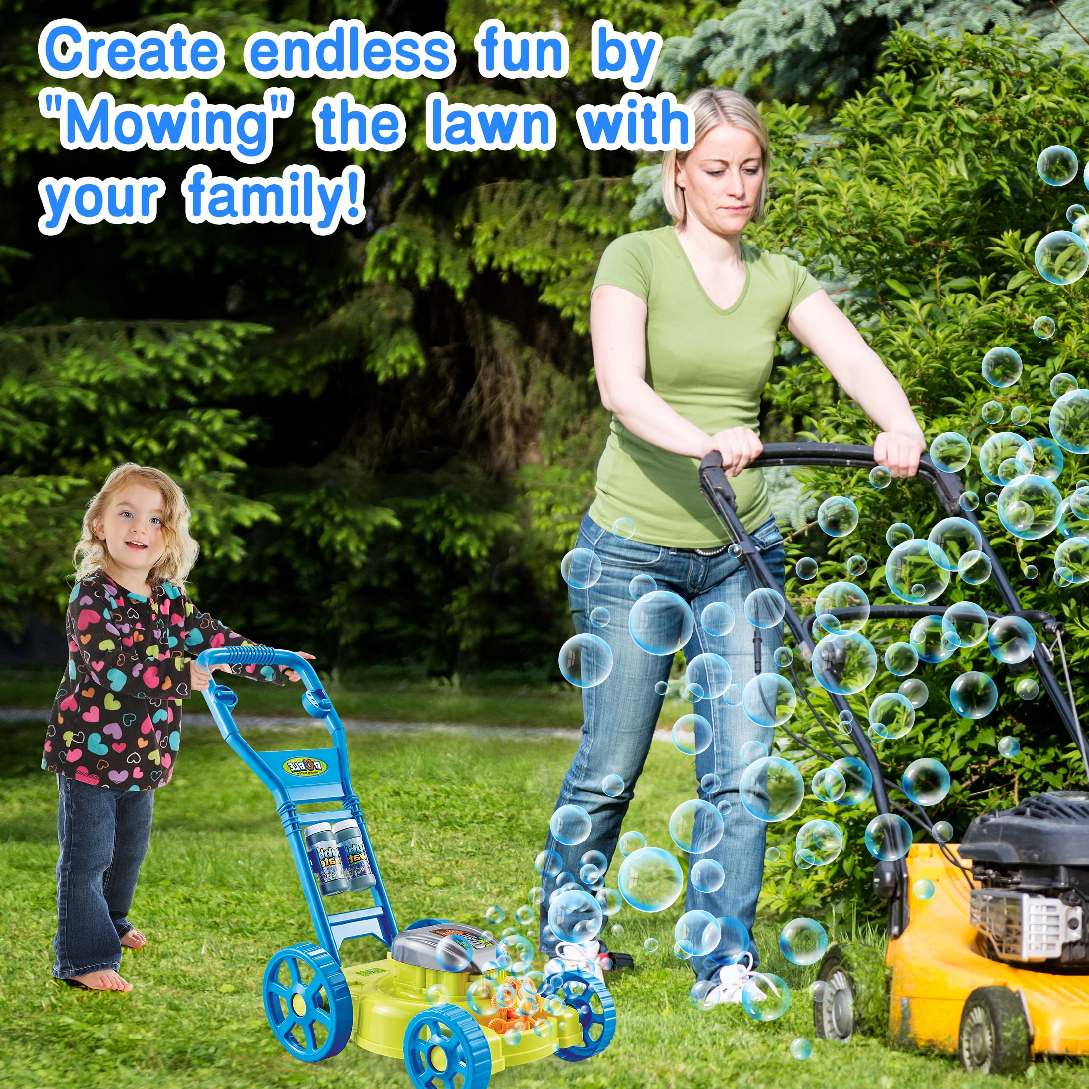 KOPPOP Bubble Lawn Mower - Bubble Machine for Outdoor and Indoor Use, Push Mower with Sound Effects and Bubble Blowing Function-bule