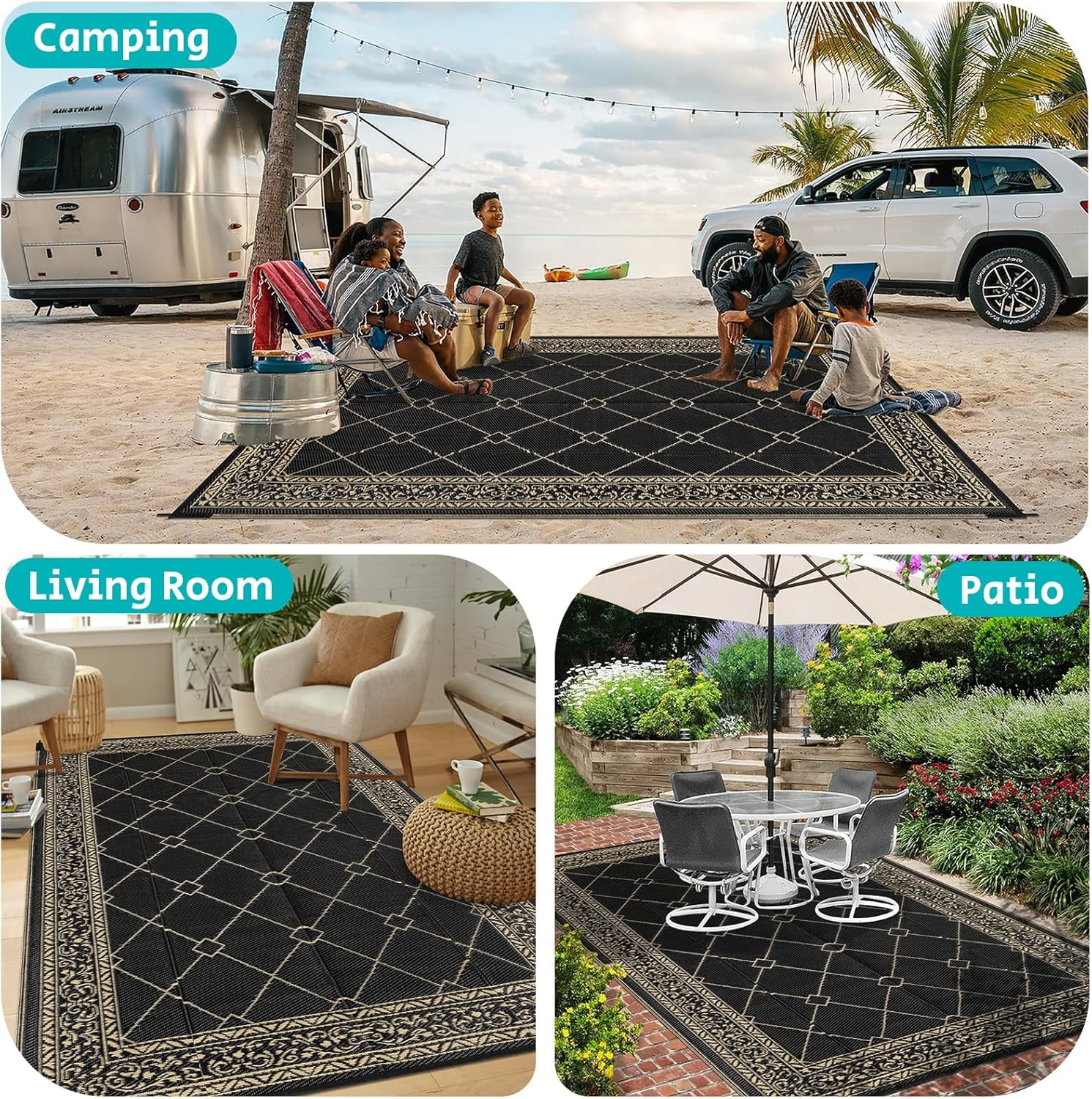Enyhom Outdoor Rug Waterproof 6'x9', Reversible Plastic Straw Rug RV Camping Rug,Outside Carpet for Porch,Deck,Camper,Balcony,Backyard,Picnic，Black
