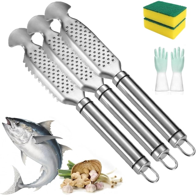 2-in-1 Stainless Steel Fish Scaler + Ginger Grater, Multifunction Fish Scale Scraper Remover with Sawtooth Descaler and Hanging Handle, No Mess Tool for Kitchen, Market, Restaurant, Anglers (3PCS)