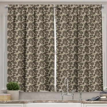 Ambesonne Vintage Kitchen Curtains, Floral Doodle Leaves, 55"x39", Beige Brown