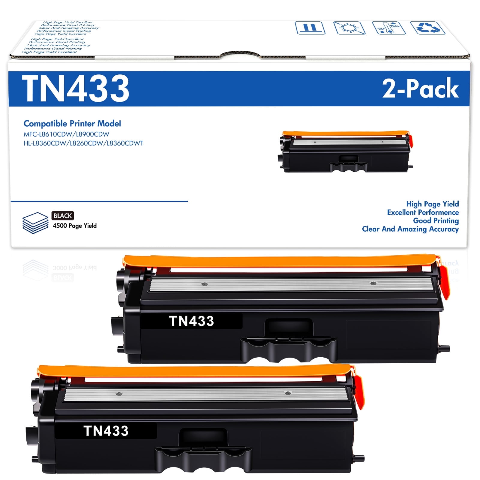 TN433 Black Toner Cartridge Compatible for Brother TN433 TN431 TN436 HL-L8360CDW MFC-L8900CDW HL-L8260CDW L8360CDWT MFC-L8610CDW Printer Ink, 2-Pack