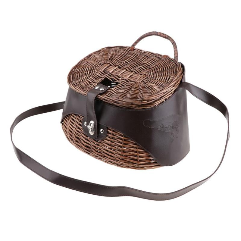 Willow Fish Basket Creel Wicker Vintage Traps W/ Strap Pouch Rattan Durable. 