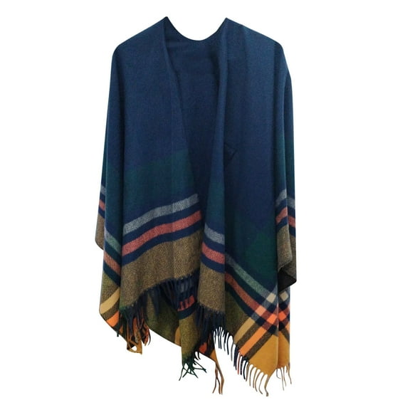 Xfvqtps Women Cape with Hole Tassels Plaid Printing Classical Wool Thickened Warm Loose Windproof Coldproof Warm Winter Shawl Wraps Navy
