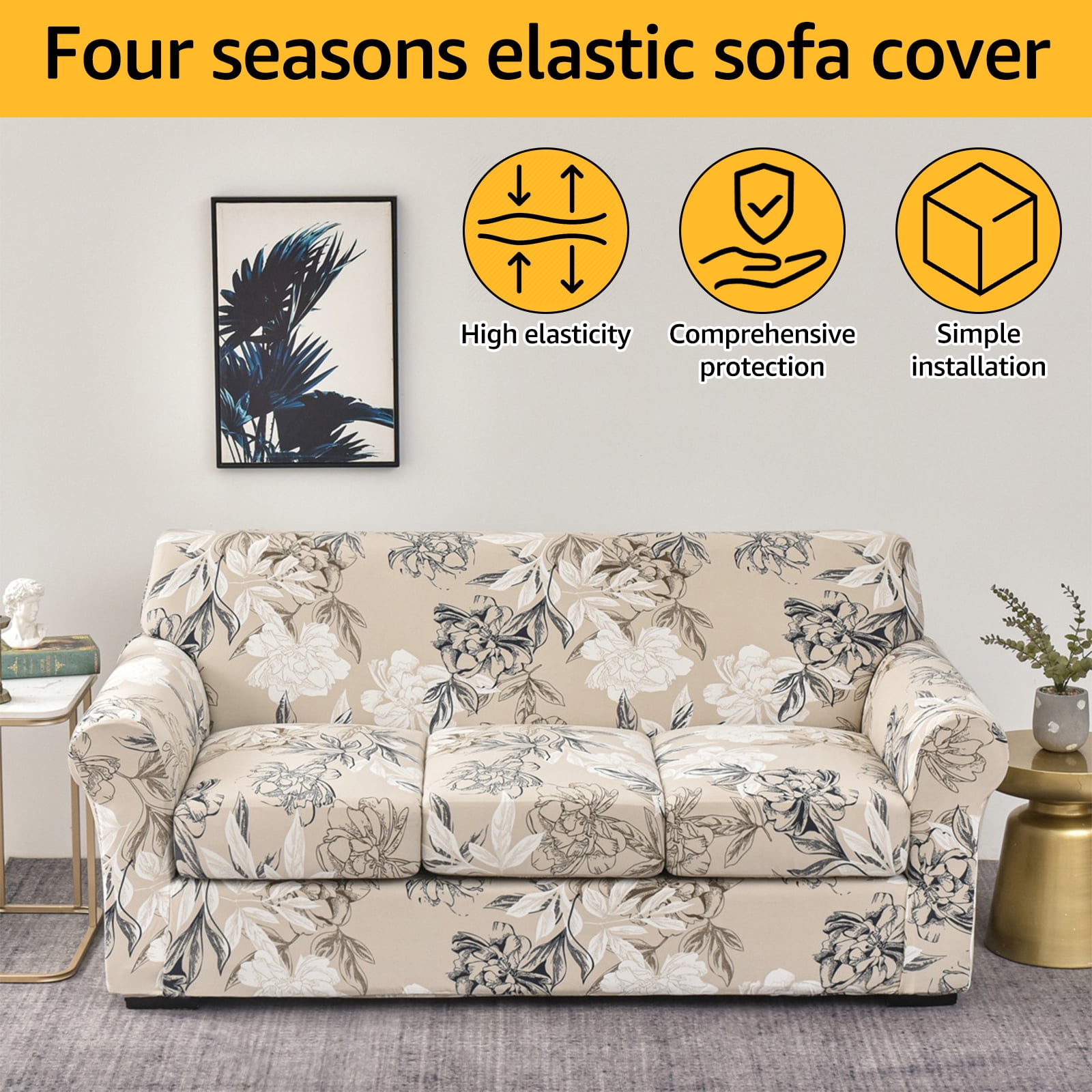 Visit the EUWBSSR Store 4 Pieces Stretch Sofa Cover 3 Seater Couch Cover Printed Sofa Slipcover with 3 Separate Cushion Covers Washable Sofa Slip Covers for Living Room Home with Pets and Kids