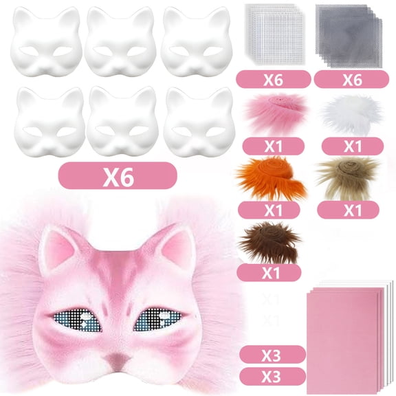 DIY Cat Face Mask Craft Kit, Includes Blank Cat Masks, Faux Fabric and Plastic Mesh, Perfect for Holiday Decorations and Costume Parties, Easy to Customize with Paints and Embellishments, D, 1set