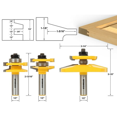 

Yonico 3 Bit Raised Panel Cabinet Door Router Bit Set- Bevel- 1/2 Shank -12350