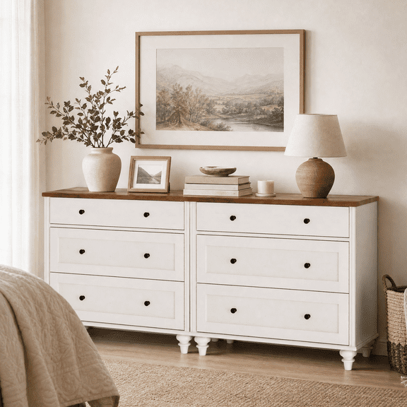 68" Dresser Cabinet with 6 Drawers, Mid-Century Modern Wooden Bedroom Closet Storage Organizer, Farmhouse Small Dressers Suitable for Living Room, Nursery, and Hallway, White