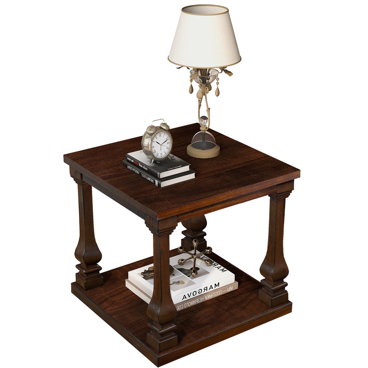 Hommoo 24.8" Farmhouse Wood End Table with Storage Shelf, Vintage 2-Tier Square Nightstand for Living Room, Bedroom & Entryway, Walnut