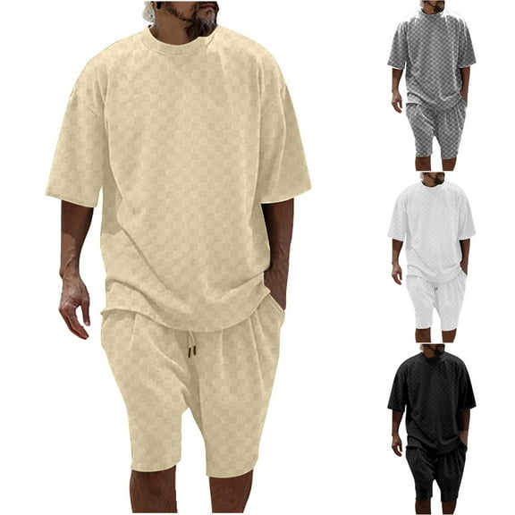 VBTAPA Mens 2 Piece Outfits Solid Casual Tracksuit Shorts Fashion Summer Sweatsuit Oversized Short Sleeve Textured T Shirt and Shorts Set Prime Sale Gray L