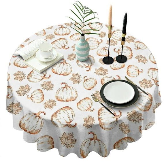 Fall Pumpkins Leaves Pattern Round Tablecloth 60" X 60",Wrinkle Wipeable Table Cloth for Kitchen Dining Room Picnic Patio Party