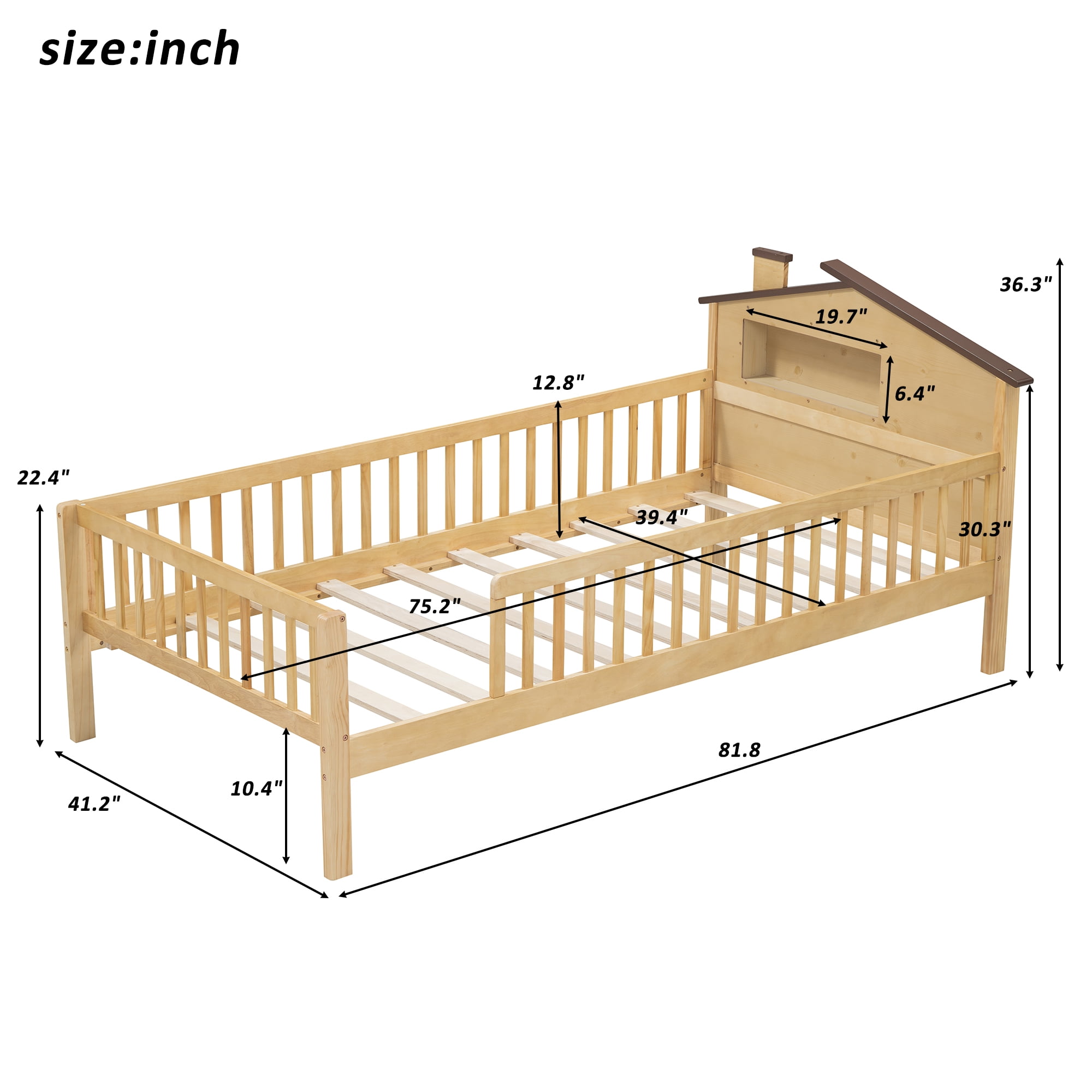 EUROCO Wood Twin Size Platform Bed Frame with House Like Roof and LED Light, Natural