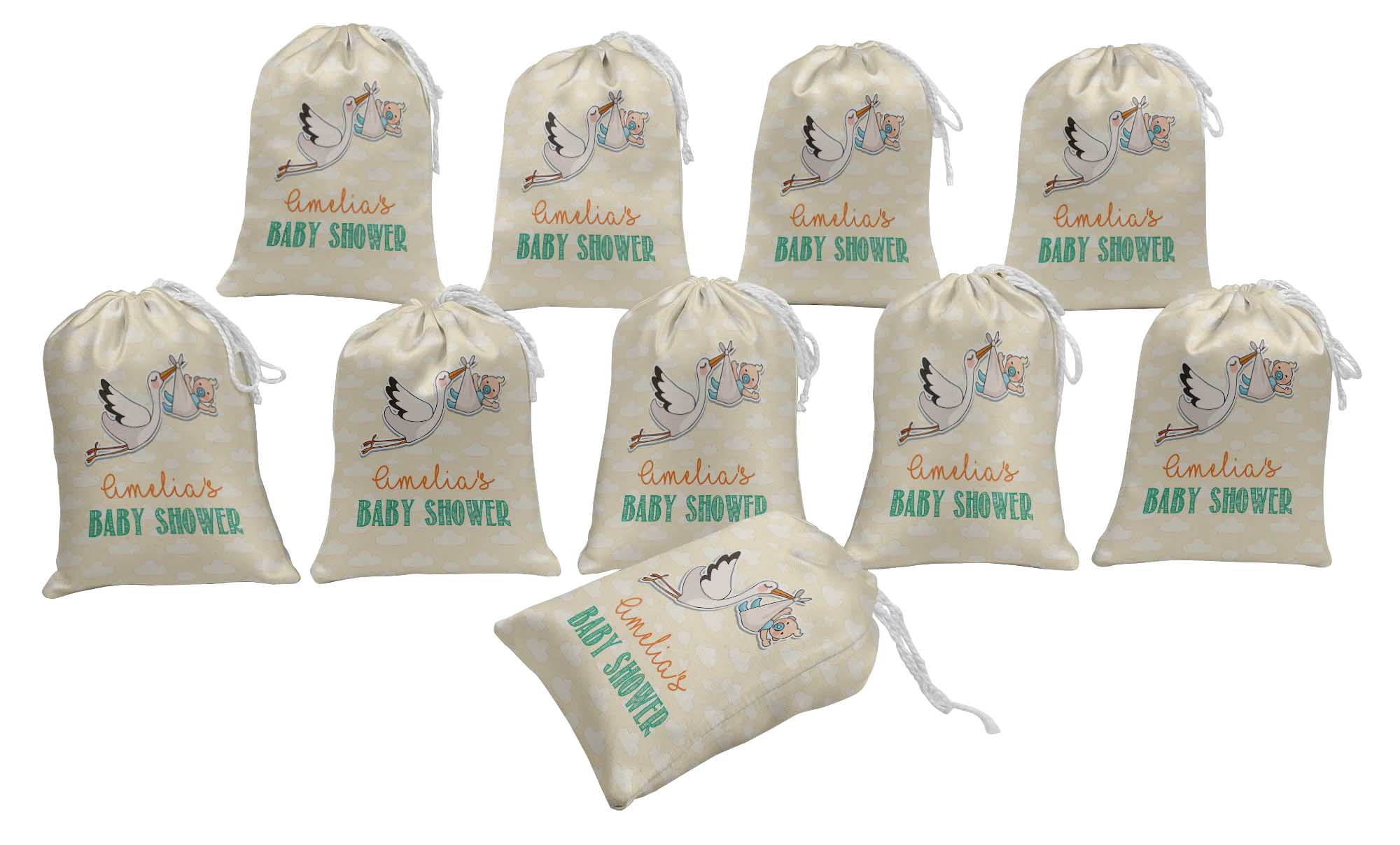 Darling Souvenir Orange Flying Stork Baby Shower Custom Party Supplies Favor Bags Gift Pouches 15 Pieces