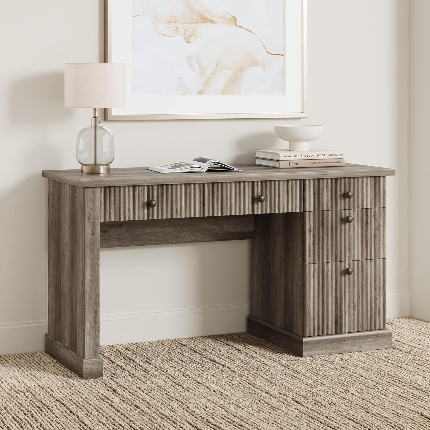 54" Fluted Home Office Desk with Storage, Modern Executive Desk with Charging Station, Wooden Computer Desk with Drawers for Storage File, Writing Desk for Study, Living Room, Bedroom