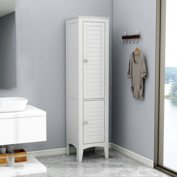 Resenkos Tall Narrow Tower Cabinet with 2 Shutter Doors 5 Tier Shelves for Bathroom, Kitchen ,Living Room ,Storage Cabinet,White