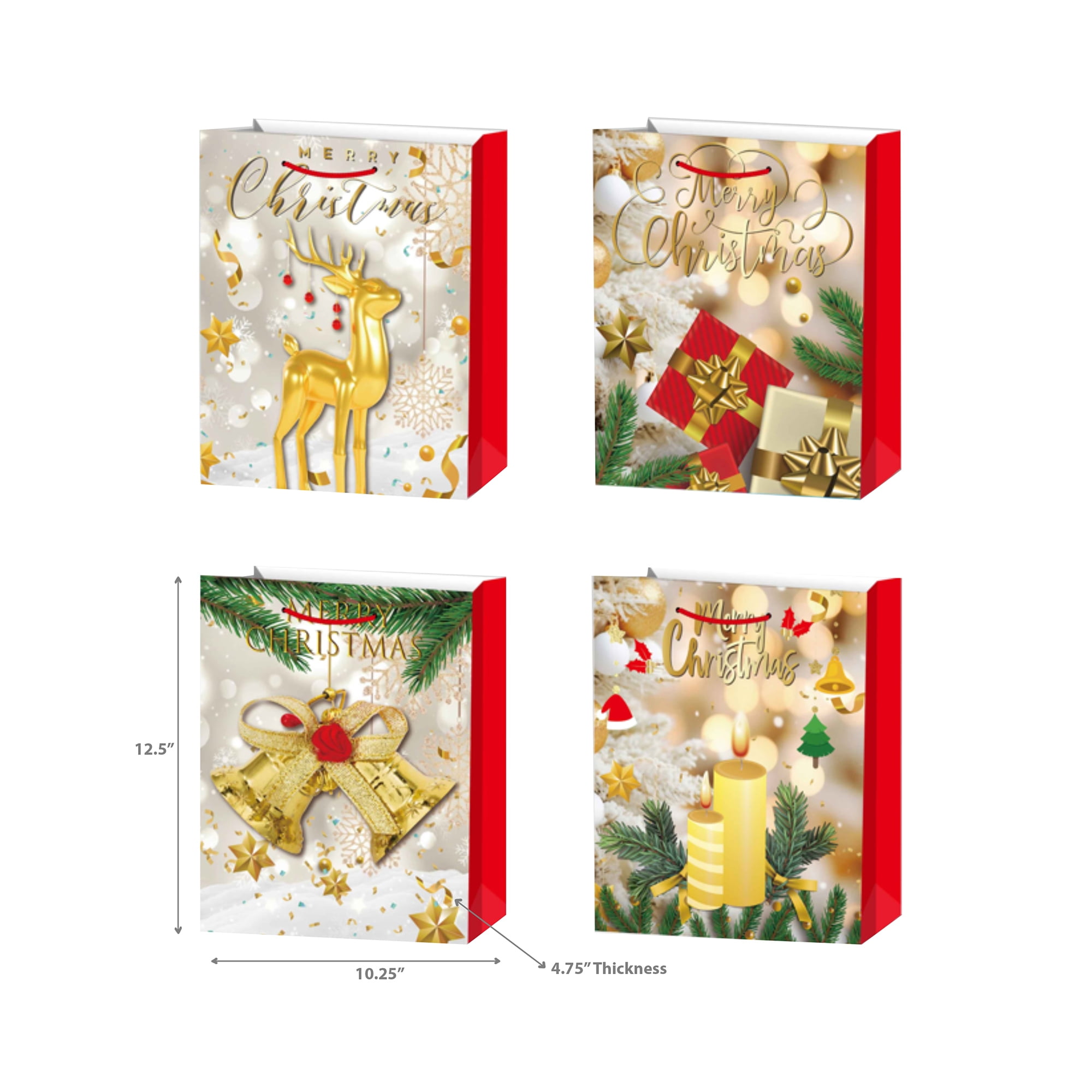 Christmas Gift Bags (Gold Merry Christmas) (Asstd) (Large) - Set of 12