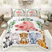 Feelyou Funny Farm Pig Full Size Comforter Sets for Teens, Tiger Elephant Bedding Comforter Set, Eucalyptus Leaves Botanical Reversible Bedding Sets, Breathable Home Decor, 3pcs