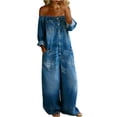 thumbnail image 3 of Off-Shoulder Denim Jumpsuit for Women, Long Sleeve Button Front Wide Leg Romper with Pockets - Washed Casual Playsuit Blue L, 3 of 6