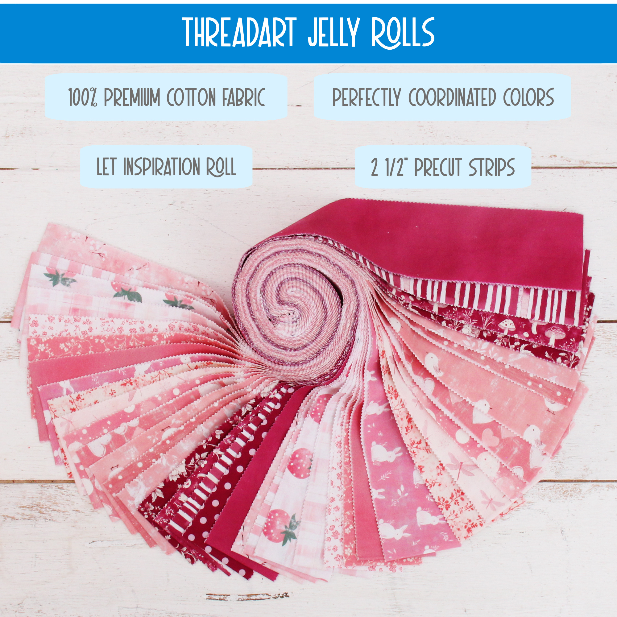 ThreadArt Exclusive Prints Jelly Roll Fabric Strips for Quilting, Crafting, and Sewing, 40 Precut Fabric Strips in Pink Prints, Premium Cotton for Quilts, Crafts, Rugs, Blankets, Clothing and More