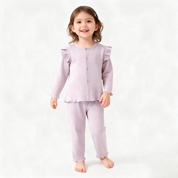 Conjuntos de blusa y camisa de cuello redondo y manga larga para bebé y niña, abrigo de otoño y primavera, blusa de manga acampanada con cuello con volantes y pantalón estilo jersey, conjunto de polié