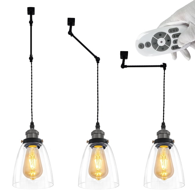 FSLiving Gimbaled LED Track Pendant Light,Adjustable Height Halo Track Lighting,Retro Pearl Black Socket&Clear Glass Shade, Remote Control with E26 Smart LED Edison Bulb for Vaulted Ceiling -3 Lights