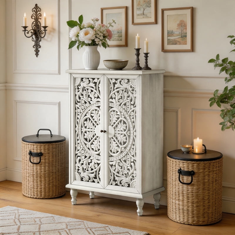 Freestanding Accent Storage Cabinet with Hollowed Out Carved Double Door, Farmhouse Display Buffet Chest with Adjustable Shelf