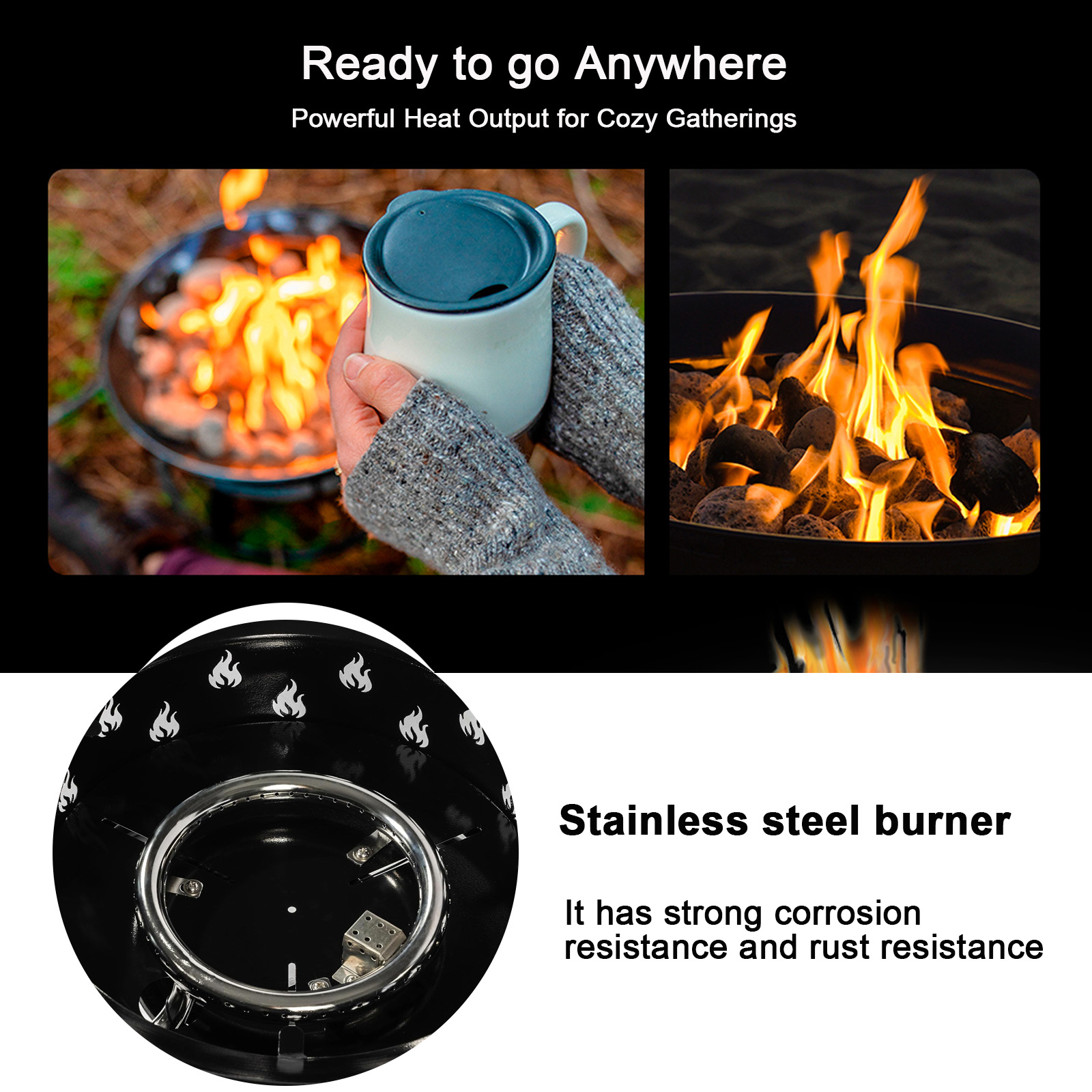 50000 BTU Portable Propane Gas Fire Pit, 19in Outdoor Smokeless Gas Fire Bowl with Adjustable Flame for Camping, Backyard, Small Round Firebowl