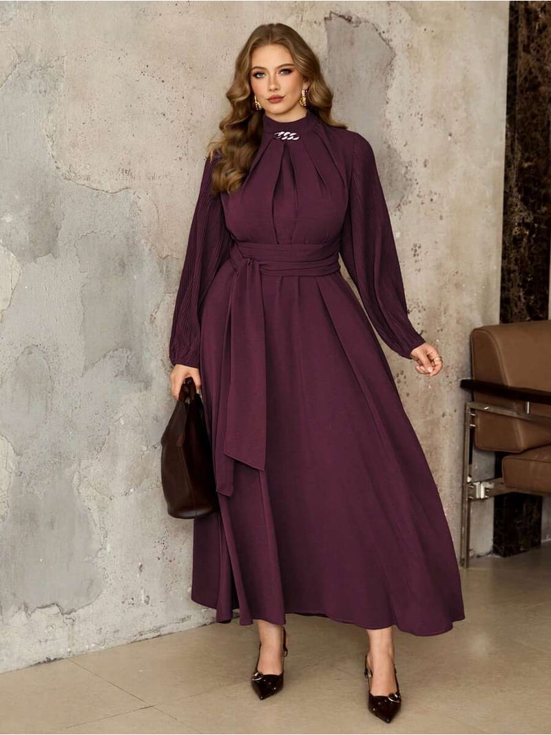 plus size red pleated dress /// Red Violet Plus Size Womens Elegant High Neck Long Sleeve Pleated Maxi Dress With Belted Waist And Faux Chain Decor, Women's, Size: 3XL, Purple