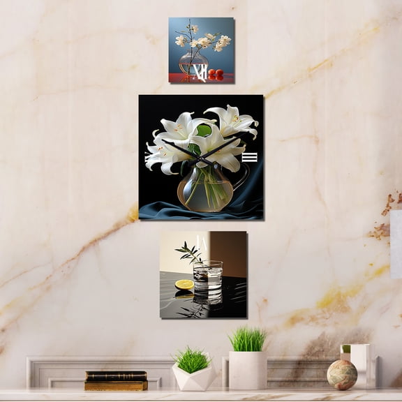 Designart "Still Life of Pure Pearls" Flowers Extra large Clock For Office Décor - Large Traditional Wall Clock - Oversized White Wall Clock - Set Of 3