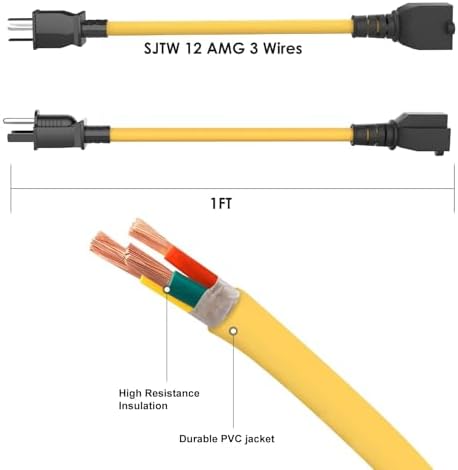 [4 in 1] 15 Amp to 20 Amp Plug Adapter Heavy Duty Extender T Blade Cable 5-15P to 5-15/20R, 5-15P to 6-15/20R AC Power Household Converter, 15A 125V to 20A 250V USA 3Pin Male UL CUL Listed 1FT