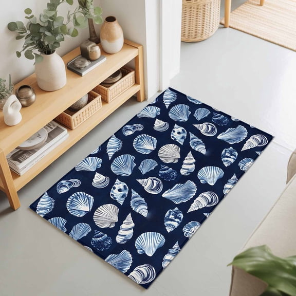 Entryway Rug 2'x3', Navy Blue Coastal Kitchen Runner Rugs Non-Slip Carpet Mats, Summer Beach Shell Conch Bedside Rugs Runners Washable Floor Carpet for Bathroom Laundry Room
