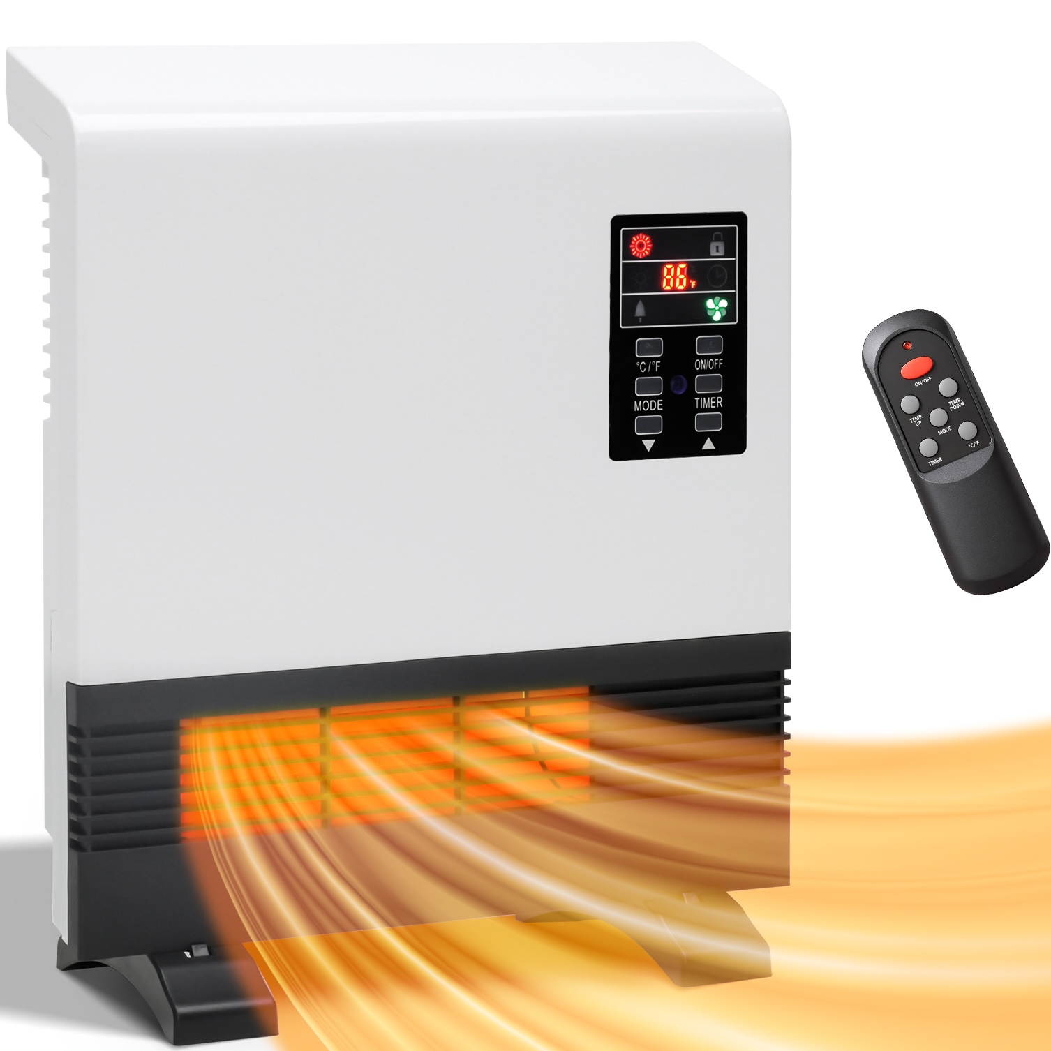 Wall Mounted Room Electric Heater with Standing Base, Energy Saving, Timer, 3 Modes, White