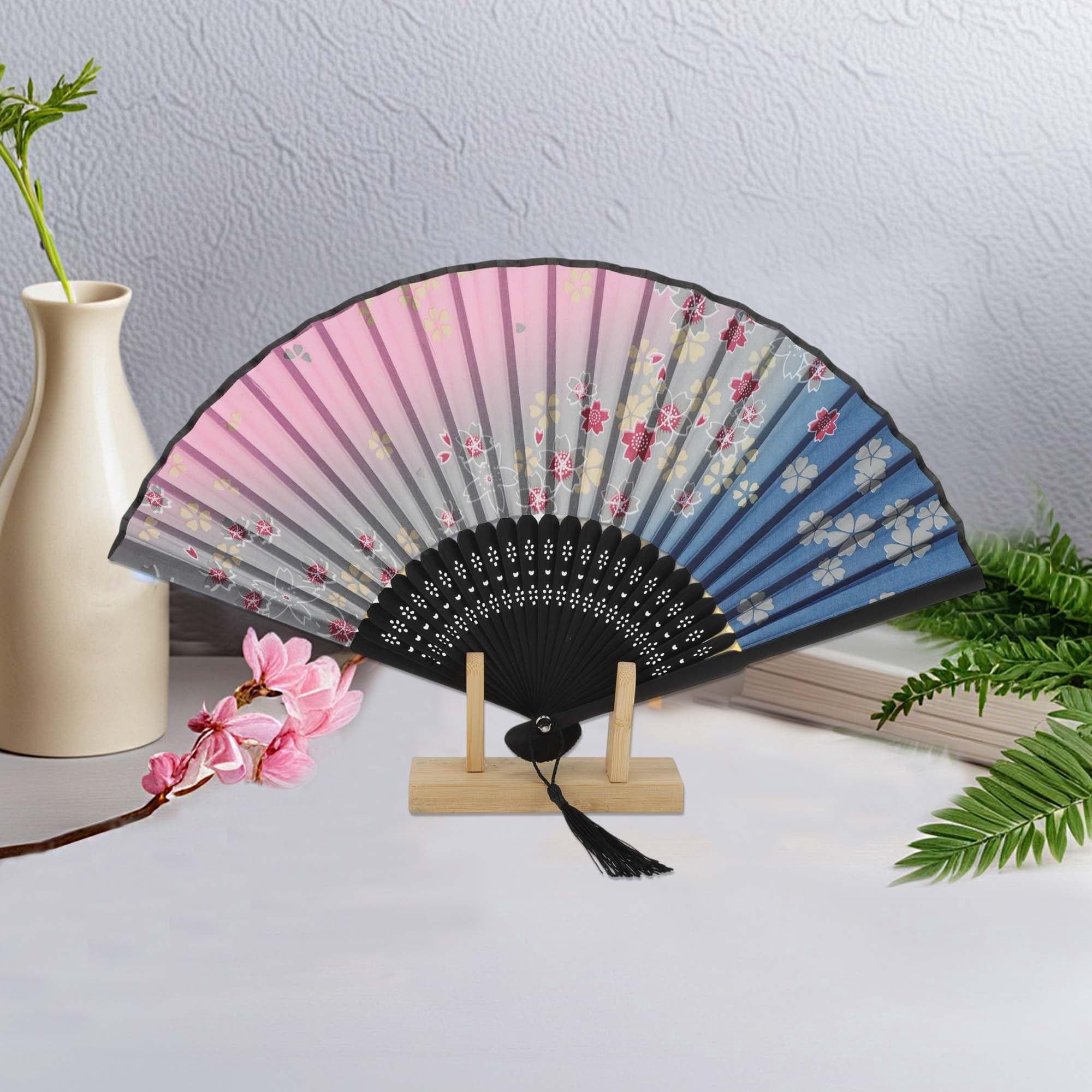 Unique Bargains Ancient Style Folding Fan 1Pc Dark Blue Pink [Lucky Four-Leaf ]