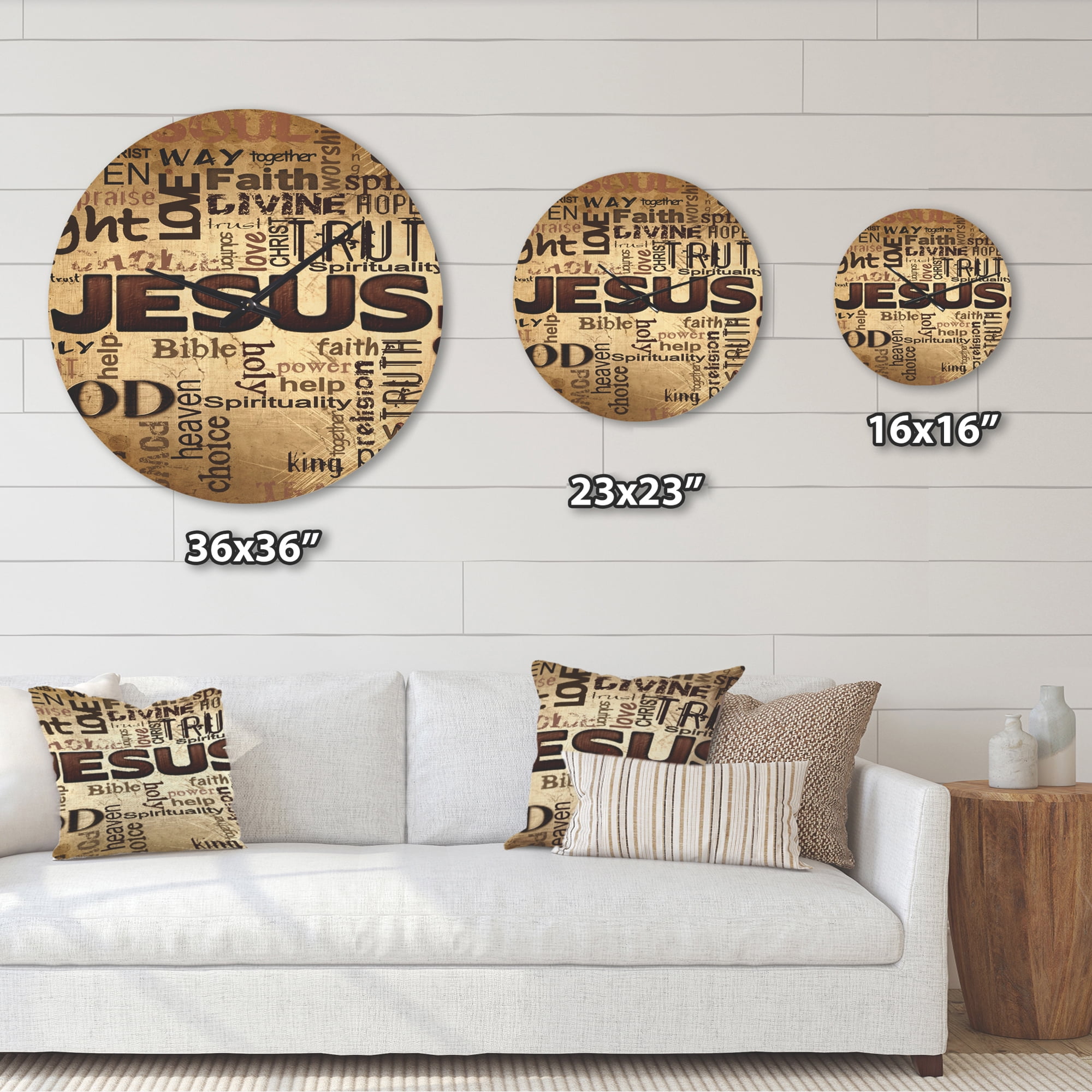 Designart 'Jesus' Word Cloud in Grunge Quote' Modern Wood Wall Clock