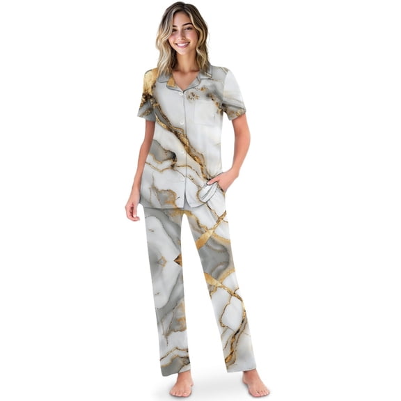 TSOVTHRID White Gold Marble Print Pajama Set for Women Short Sleeve Soft Nightwear with Long Pants Women Loungewear Pjs Sets, Size S