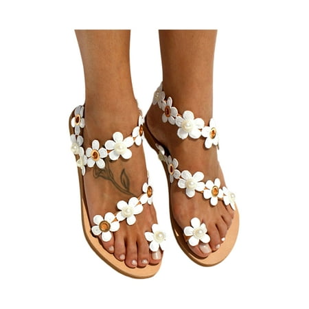 

Welliumy Women Sandals Beach Casual Shoes Slip On Flat Sandal Bohemian Fashion Summer White 8