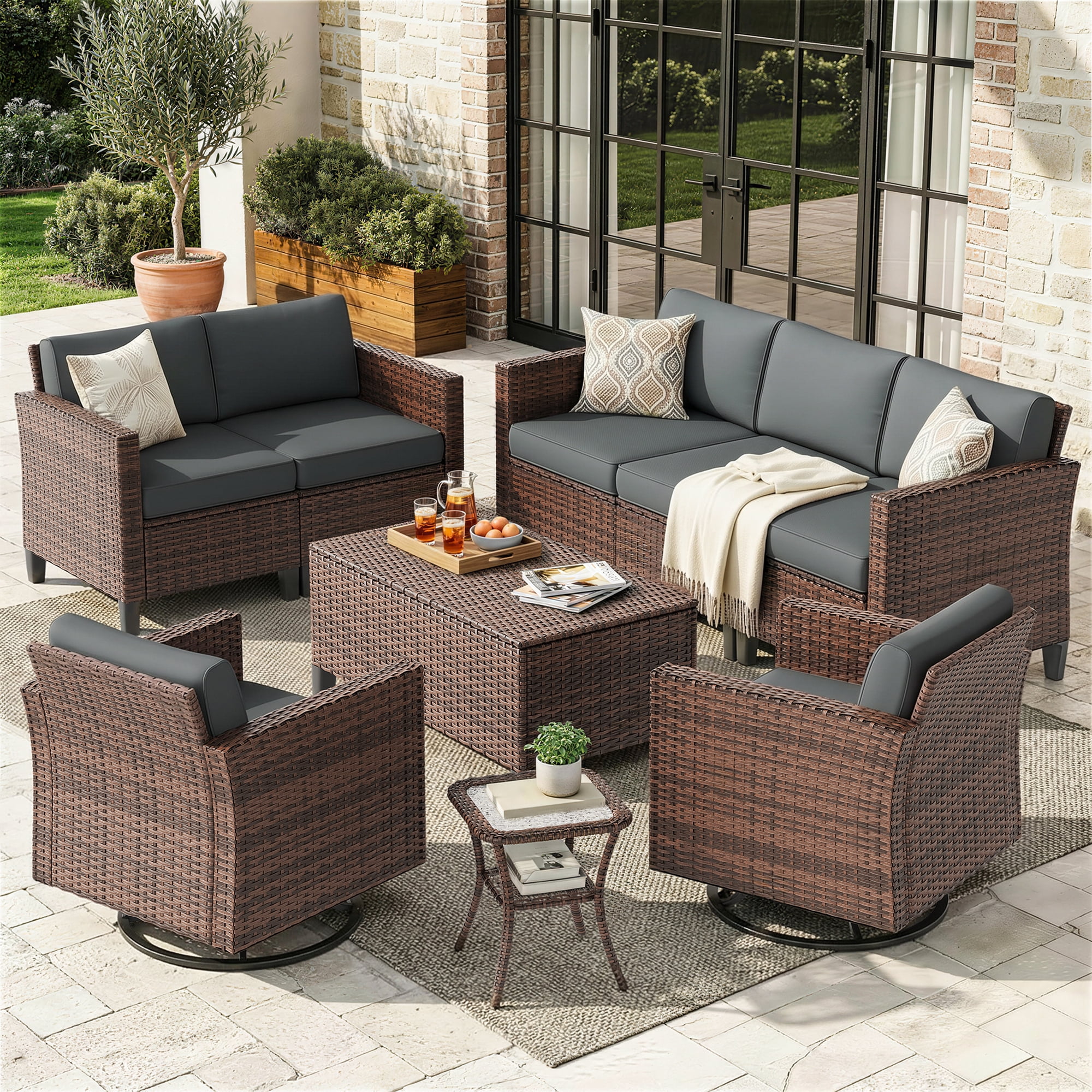 Poteban Outdoor Patio Furniture Set, Rocking Swivel Chair, 9 Pieces Wicker Rattan Sectional Furniture for Backyard (Grey)