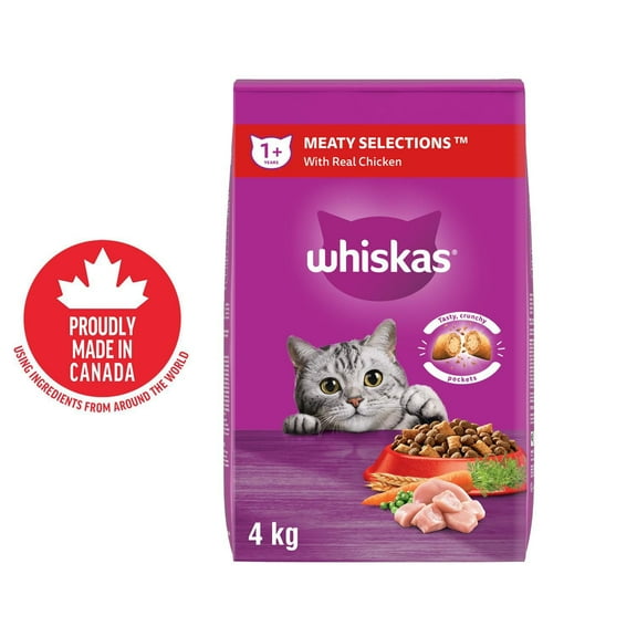 WHISKAS Adult Dry Cat Food Meaty Selections With Real Chicken, 2 - 9.1kg